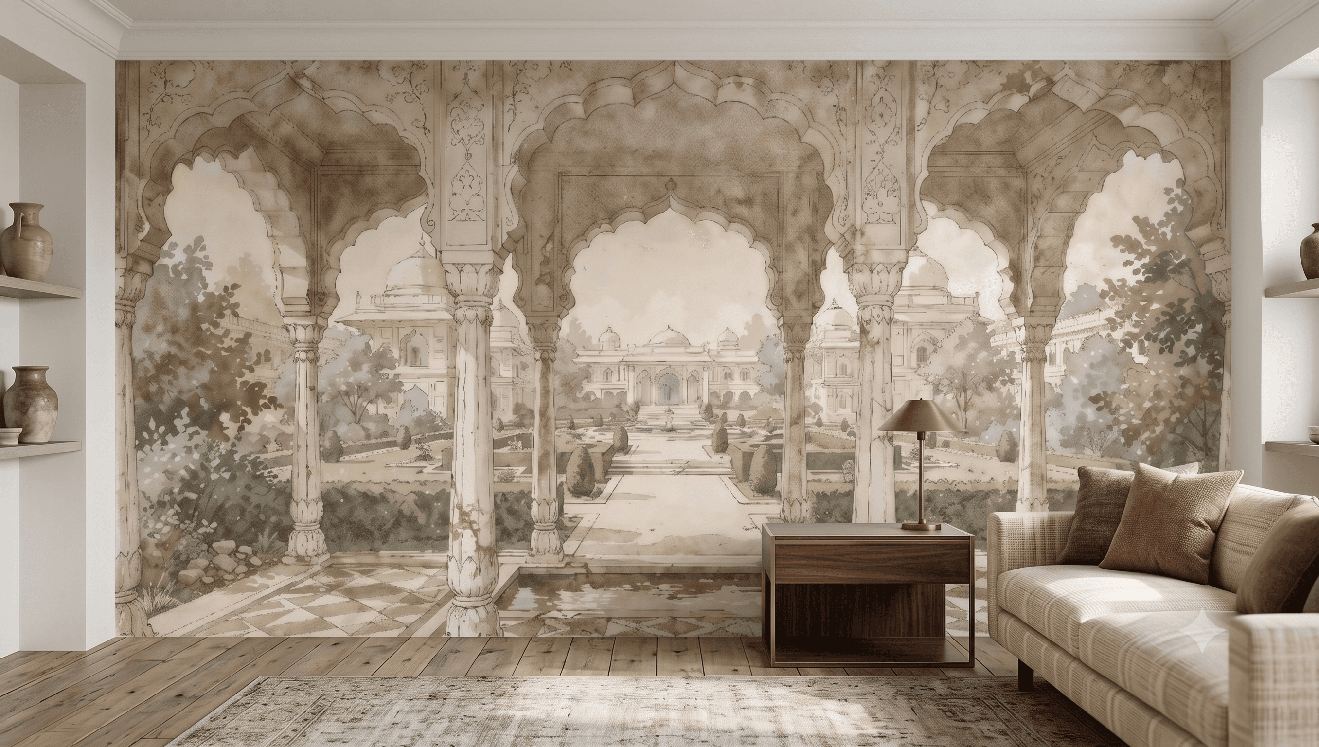 Designer reviewing fabric and wallpaper samples on a table