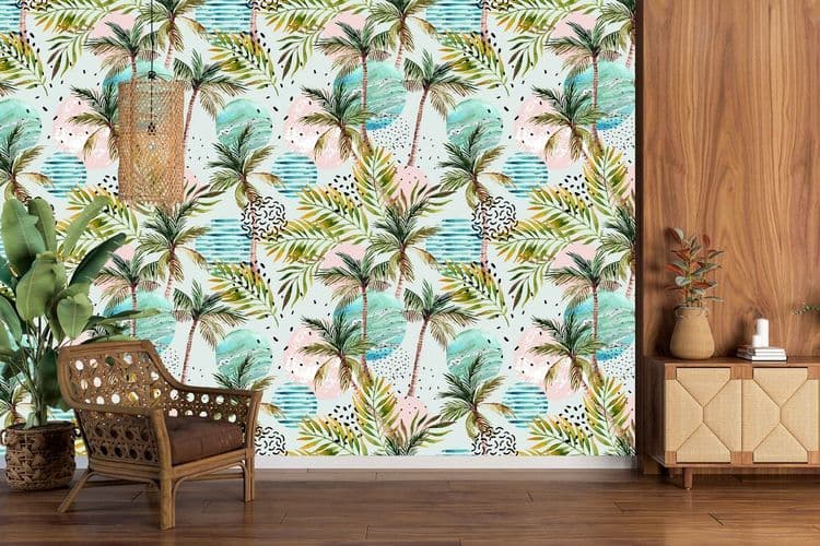 Abstract summer geometric seamless pattern. Watercolor palm tree, leaf, marble, grunge, doodle textured circles background. Water color floral, minimal elements.