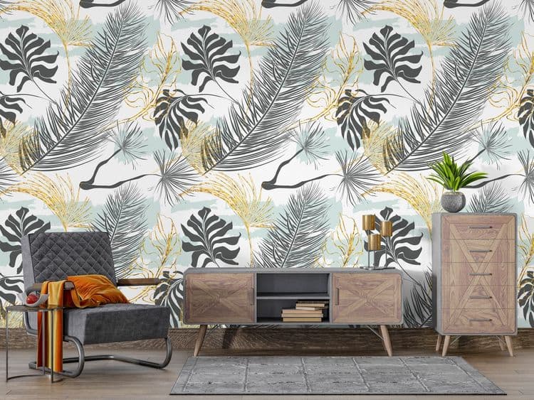 Tropical palm leaves set, drawn vector collection. Isolated on background. Decorative elements, botanical pattern. Seamless pattern. White, black, gold colors.