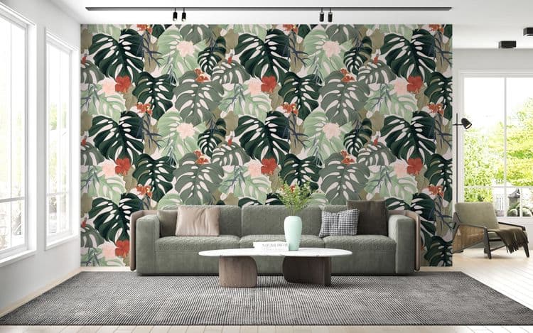 Floral seamless pattern, tropical plants, split-leaf Philodendron plant, hibiscus flowers, Weeping Willow leaves and Bougainvillea flowers on light pink background, pastel vintage theme