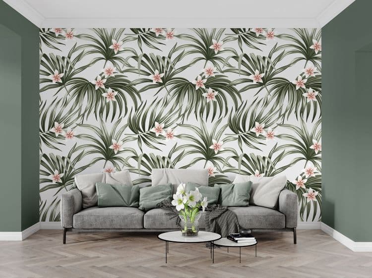 Tropical vintage flower plumeria floral palm leaves seamless pattern grey background. Exotic jungle wallpaper.