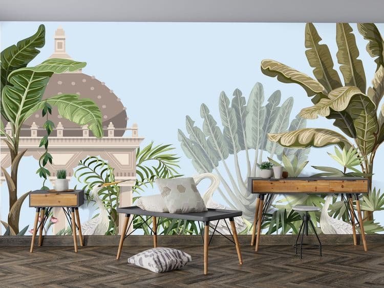 Border with ancient arbor and herons in the jungle. Vector.