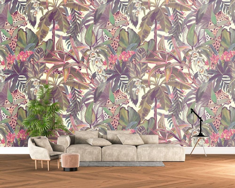 Tropical seamless pattern with tropical flowers, banana leaves and panther, leopard, cougar, wildcat view 1