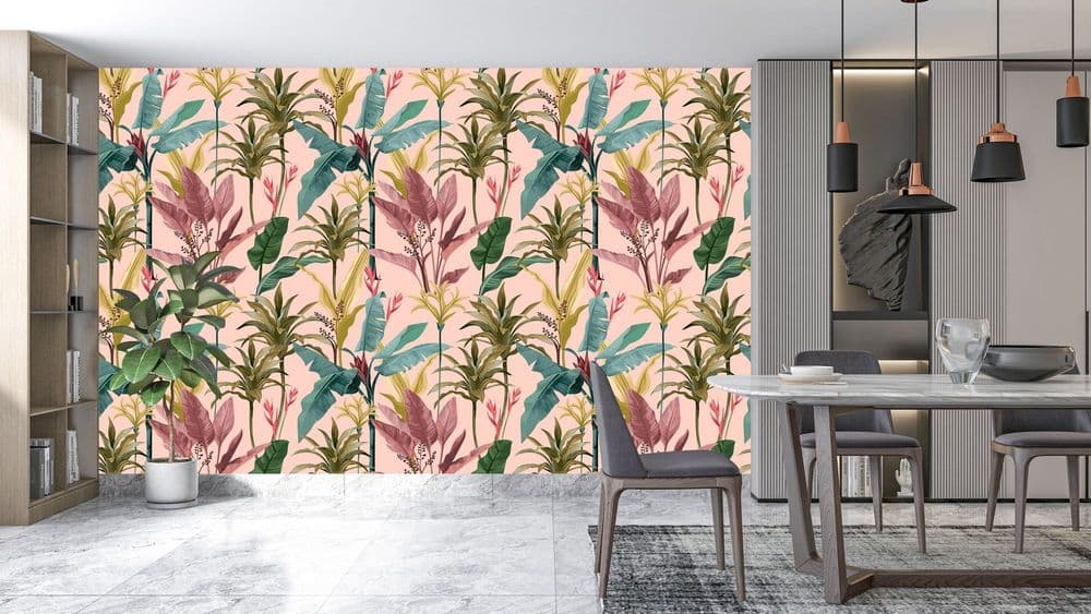 Seamless pattern with banana leaves and flowers.