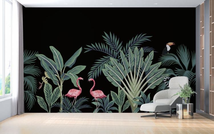 Tropical vintage wild animals, birds, palm tree, banana tree and plant floral seamless border black background. Exotic jungle wallpaper.
