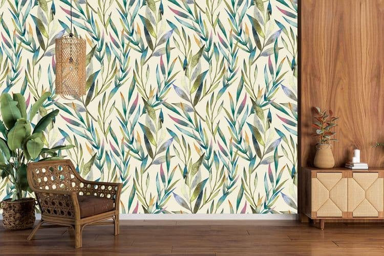 Watercolor botanical pattern green palm branches hand drawn beige background