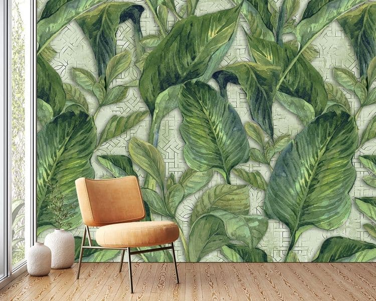 3d Wallpaper design with tropical bana leaves on a grunge wall background
