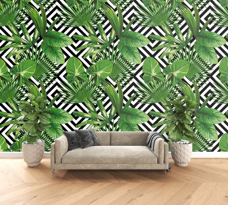 Print summer exotic jungle plant tropical palm leaves. Pattern, seamless floral vector on the black white geometric background. Nature wallpaper.
