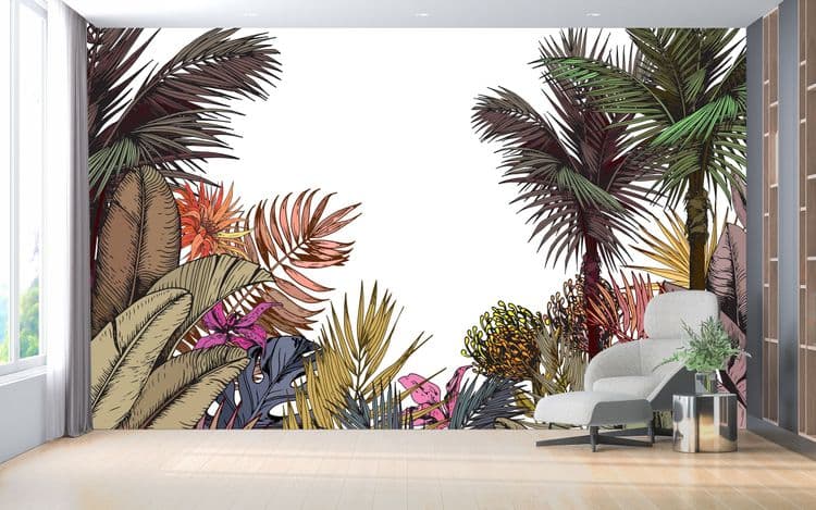 Multicolored tropical foliage and exotic flowers. Hand drawn vector illustration isolated on white background.