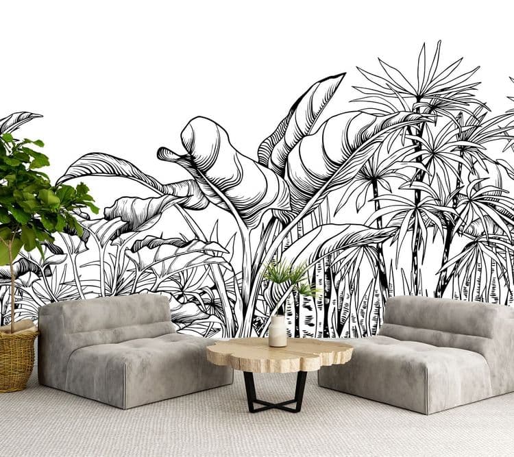 Seamless border with big tropical leaves. Black and white illustration. Hand drawn vector.