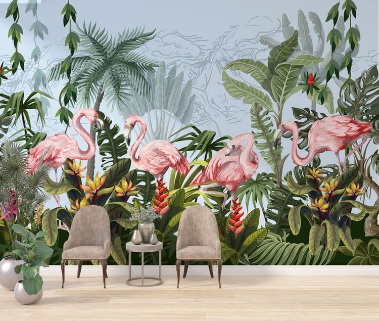 Border with pink flamingo in the jungle. Vector.