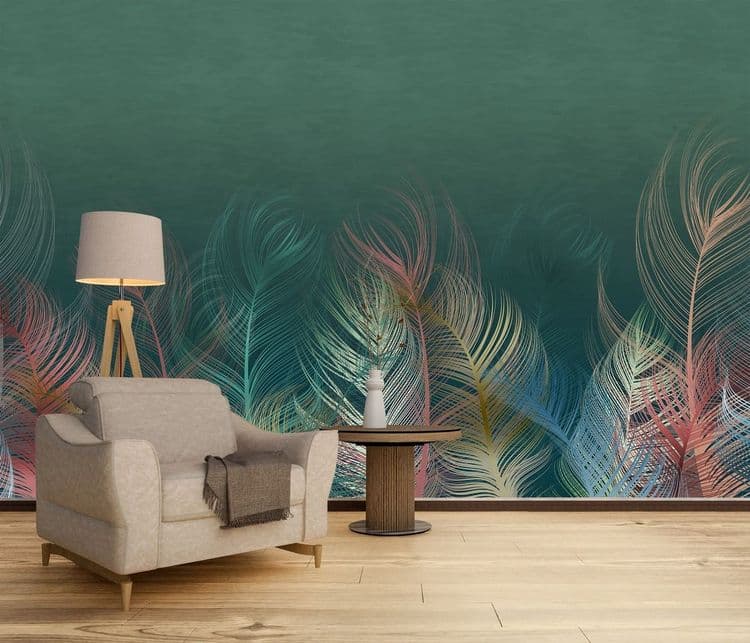A composition of multicolored feathers on a dark green textured background. Interior printing, Murali art.