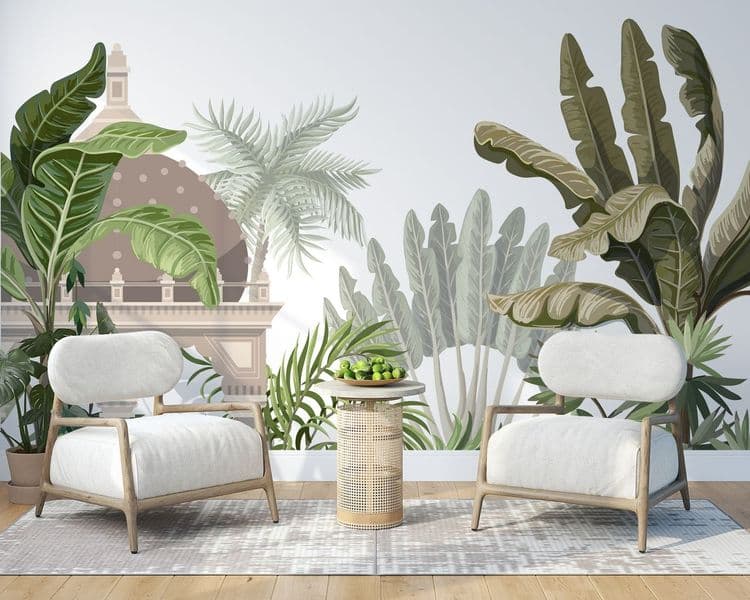 Border with jungle trees and ancient castle. Vector.